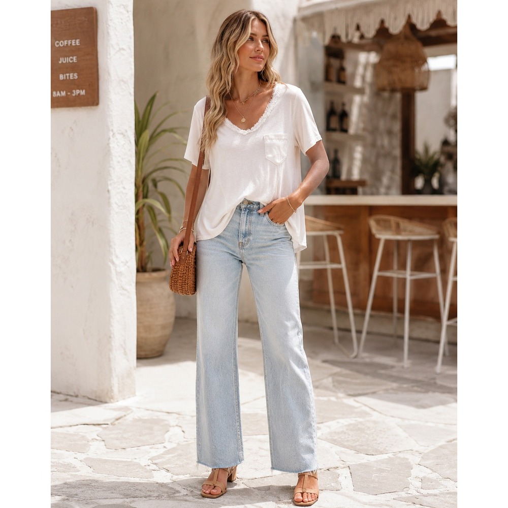 POL Womens White Frayed V-Neck Pocket Tee Relaxed Flowy Knit Top SMT149 Small
